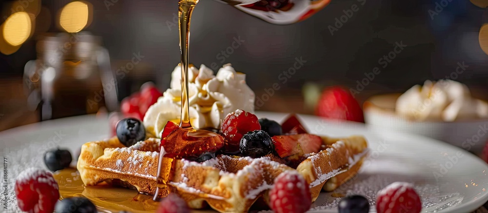 Poster close-up image of pouring maple syrup onto waffle with fruit and whipped cream, providing copy space