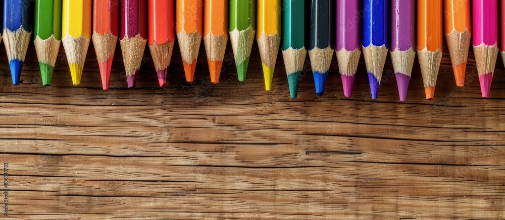 Poster Colorful pencils arranged on a desk with a blank area for additional content, such as text or images.