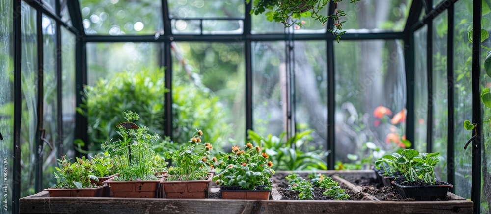 Poster gardening with a farmer's box filled with summer flower seedlings growing inside a greenhouse, provi