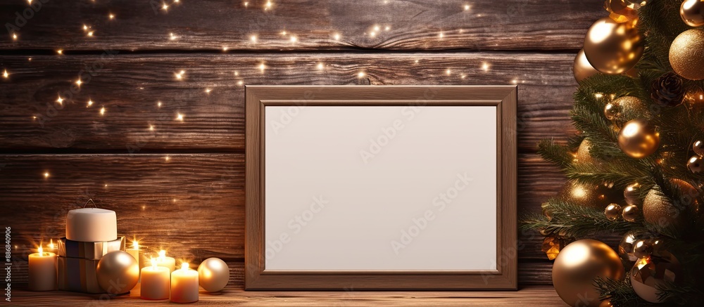 Poster empty wooden picture frame mockup for christmas background with decorations and copy space image ava