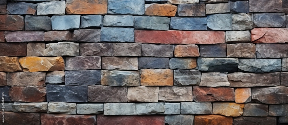 Poster Basalt rock texture creating a multi-colored stone wall, with a stone background suitable for a fantasy wallpaper with copy space image.