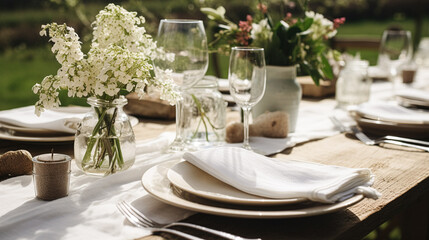 Fototapeta premium Table decor, holiday tablescape and dinner table setting in countryside garden, formal event decoration for wedding, family celebration, English country and home styling inspiration