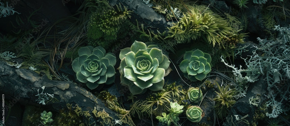 Aufkleber A trio of petite succulent plants is nestled in a forest setting, encircled by lush lichens, creating an enchanting scene with a copy space image.