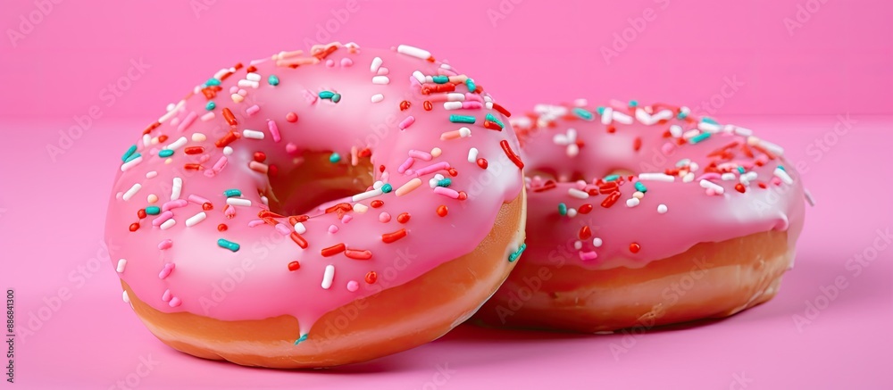 Poster a pair of new, sugary pink donuts with vibrant red sprinkles are displayed in this enticing copy spa