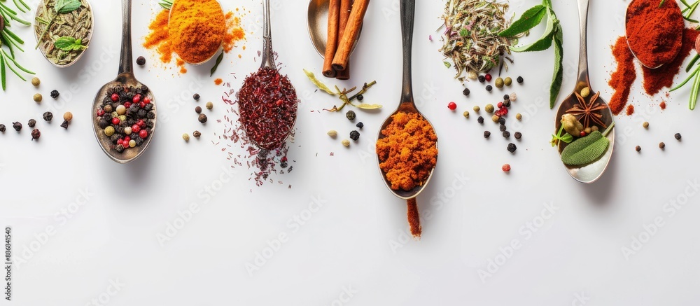 Poster the composition features spoons filled with various kitchen herbs and spices like red pepper, curcum