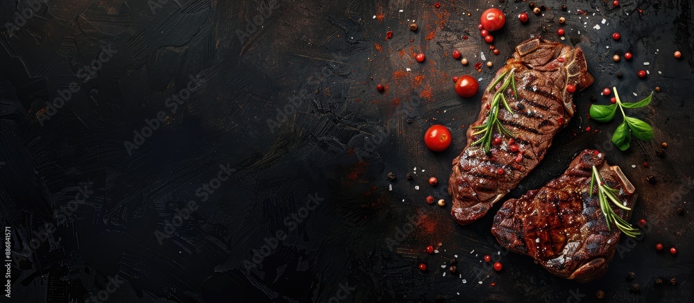 Poster Top view of cooking a steak on a dark background with copy space image.