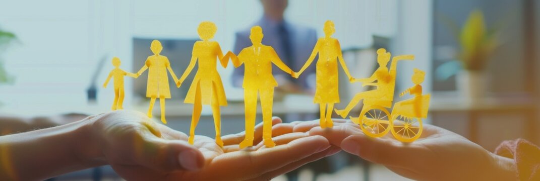 A person holding yellow paper depicts people in the shape of figures with women, men and children symbolizing support for those living Generative AI