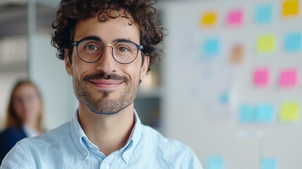 Close-up portrait of a smiling man with curly hair and glasses in a creative office setting. The background features colorful sticky notes, symbolizing a dynamic and collaborative work environment.