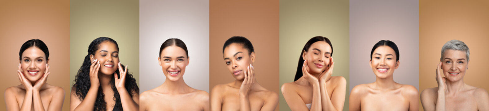 Seven multiethnic women of different ages, each with their own unique features, pose in front of a series of solid colored backgrounds. They are all smiling and looking directly at the camera.