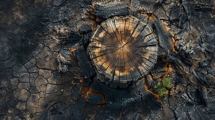 Aerial view of a burned tree stump in a desolate landscape