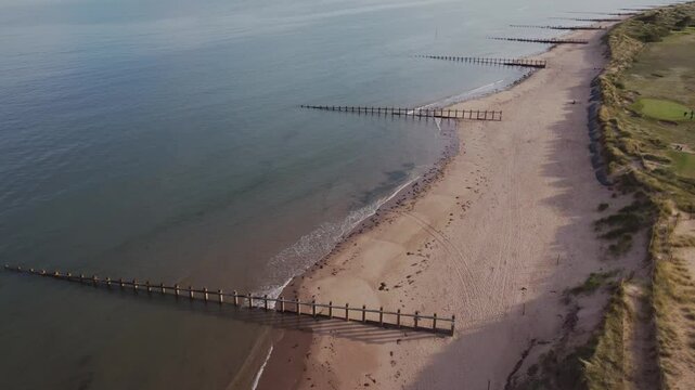 A drone view of the beach and dunes at Dawlish Warren, guarding the mouth of the River Exe, Devon, England, United Kingdom, Europe