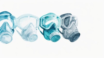 Respiratory protection gear illustrated with detailed watercolor designs isolate on white background