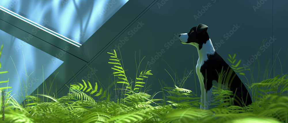 Canvas Prints A dog in a futuristic, digital environment with glowing plants