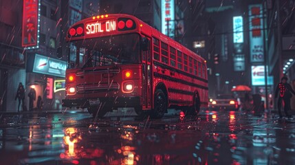 Obraz premium Futuristic Cyberpunk Cityscape with School Bus Traveling Under Neon Lights - Digital Art with High Detail