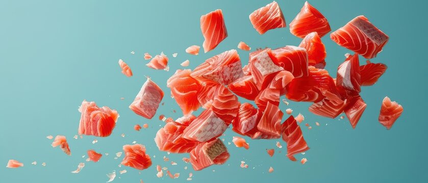 Surimi pieces flying apart, emphasizing their versatile, fishbased texture in a lively burst