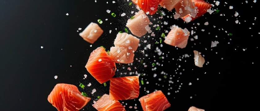 Surimi pieces flying apart, emphasizing their versatile, fishbased texture in a lively burst