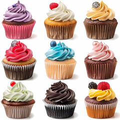 Collection set, assortment of colorful cupcakes isolated on white background