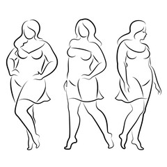 Collection. Silhouette figure of a slender woman. The girl is standing. The girl is full of beauty and sexuality. Girl is overweight vector illustration set