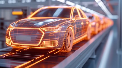Obraz premium A futuristic automotive factory with holographic car assembly lines and glowing vehicle prototypes