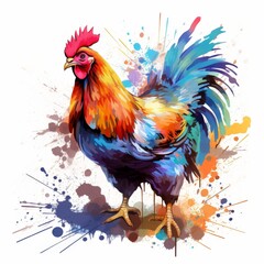 Fototapeta premium Colorful rooster watercolor painting with vibrant splashes