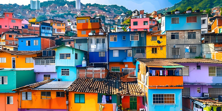 Brazilian favela cityscape with colorful buildings perfect for graphic art projects. Concept Brazilian Favela Cityscape, Colorful Buildings, Graphic Art Projects,