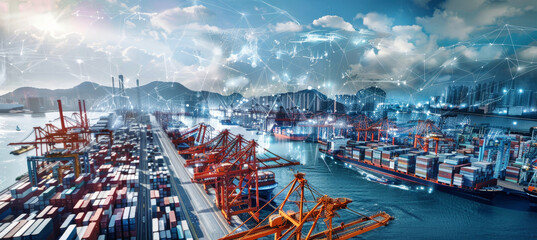 Obraz premium A cargo ship sits docked at a busy port, surrounded by other vessels and cranes, highlighting the intricate network of global trade