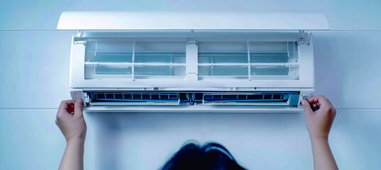 A technician cleans the air handler of a mini-split air conditioner with a small tool