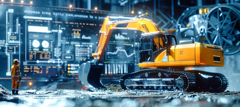 A futuristic digital construction site with a holographic display presenting real-time data insights, overlaid on a scene of heavy machinery and a miniature construction worker - Powered by Adobe
