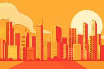 Modern cityscape with orange and yellow hues at sunset, view of skyscrapers and buildings