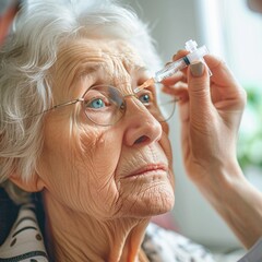 Elderly patient woman having eye drop care on Age-related