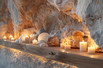 The spa element is a solid wood shelf that can accommodate candles of different sizes. The background is a wall made of natural stone. The shelf also contains decorative elements: shells and stones