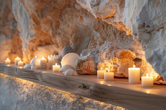 The spa element is a solid wood shelf that can accommodate candles of different sizes. The background is a wall made of natural stone. The shelf also contains decorative elements: shells and stones