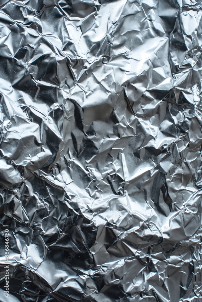 Poster Crinkled silver aluminum foil texture with intricate pattern. Close-up view of shiny metallic material used in food wrapping or packaging. Background blurred to focus on foil reflective surface.
