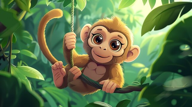 Whimsical cartoon of a playful monkey swinging through trees in a tropical rainforest, capturing its adventurous spirit. Illustration, Image, , Minimalism,
