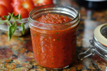 Homemade tomato sauce with fresh herbs in glass jar