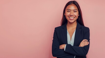 Confident Young Pacific Islander Businesswoman Smiling Against Soft Pink Background Professional Portrait for Corporate Use