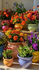 Clay pots with vibrant flowers