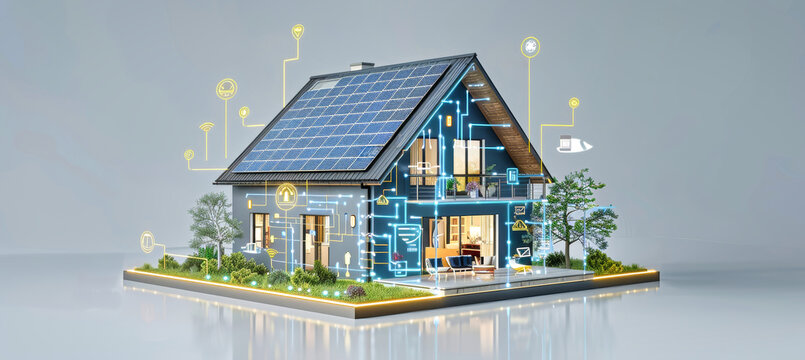 A 3D rendering of a smart home featuring solar panels and digital diagrams overlayed on the exterior, showcasing a futuristic concept for energy data collection