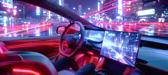 A driver navigates a neon-lit city at night in a sleek vehicle with a futuristic touchscreen