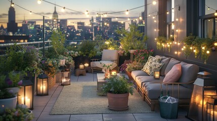 stylish rooftop terrace garden with comfortable seating, potted plants, and a panoramic view of the city skyline