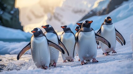 Colorful design featuring a group of penguins sliding on ice, illustrating Antarctic wildlife in a playful manner. Illustration, Image, , Minimalism,