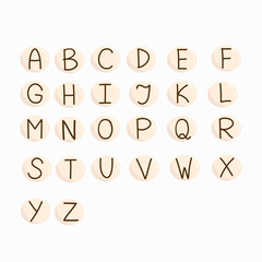 Hand drawn english alphabet in circles plastic beads. Friendship bracelet, charm, kids jewelry. Vector isolated on white background.
