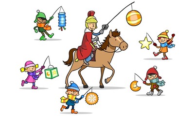Freudige Kinder beim Martinszug um Sankt Martin auf Pferd
