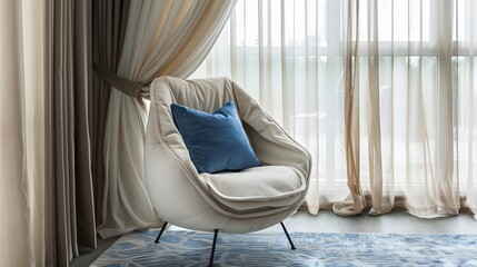 Modern room interior with armchair and curtains.