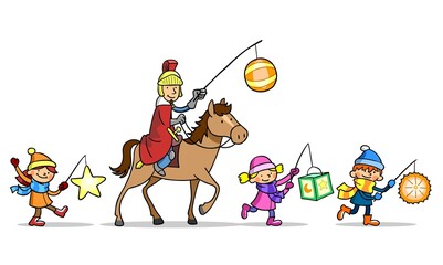 Sankt Martin und Kinder mit leuchtenden Laternen beim Martinszug