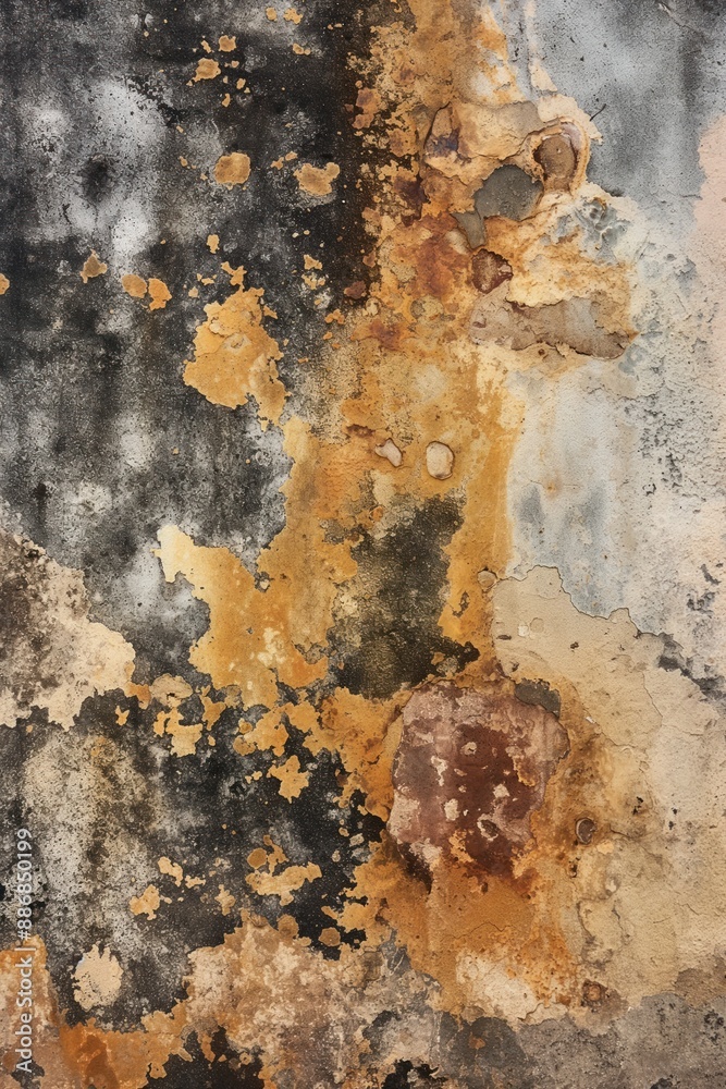 Poster Old weathered concrete wall with peeling paint texture. Close-up view of gray and brown colors with orange and yellow patches. Perfect background for design, art, or architecture projects.