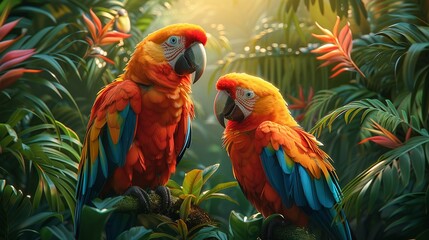 Obraz premium Vibrant artwork of tropical birds in a lush jungle setting, highlighting colorful feathers and exotic wildlife. Illustration, Image, , Minimalism,