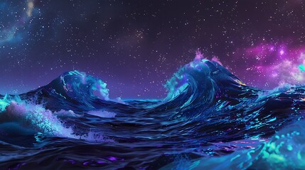 Naklejka premium Futuristic depiction of bioluminescent waves glowing in neon shades of aquamarine and violet against a dark, star-speckled night sky.