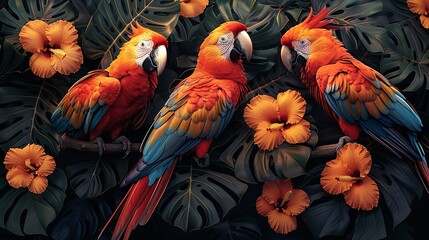 Fototapeta premium Vibrant artwork of tropical birds in a lush jungle setting, highlighting colorful feathers and exotic wildlife. Illustration, Image, , Minimalism,