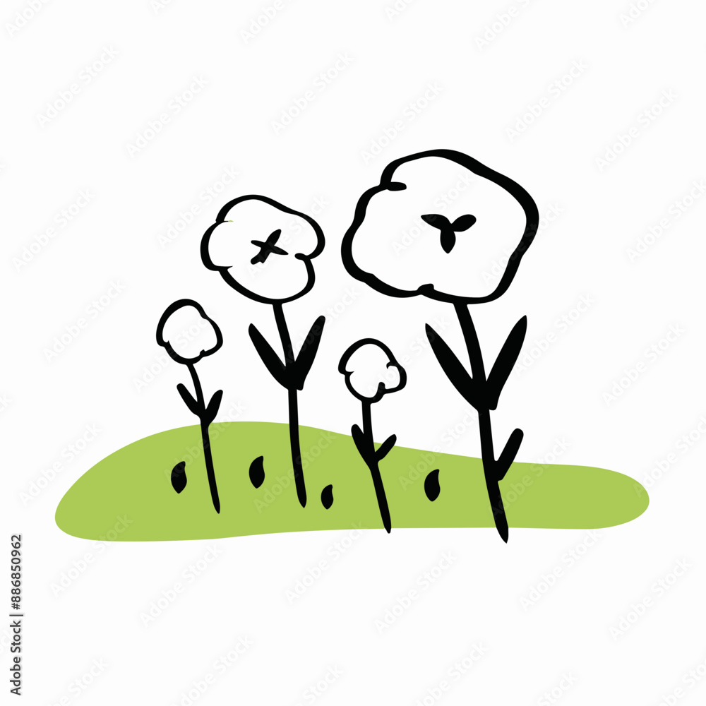 Wall mural Minimalist Sketch of Flowers on Green Hill